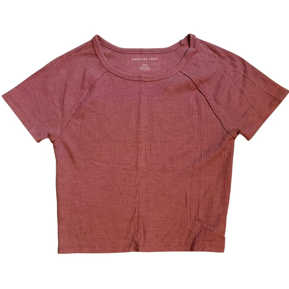American Eagle Women Mauve Waffle Knit Raglan Short Sleeve Cropped Top Small
